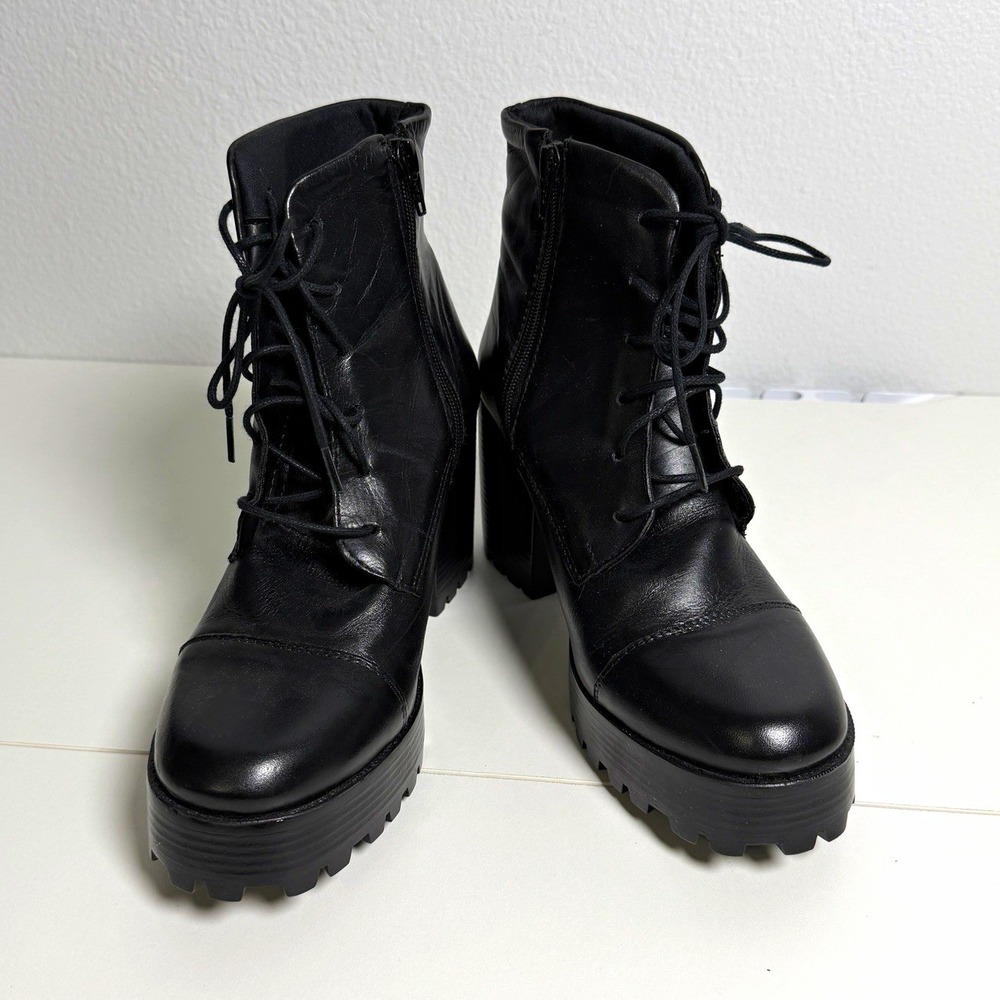 Women's Black Leather Lace-Up Ankle Booties Platform Block Heel US 8 90s grunge